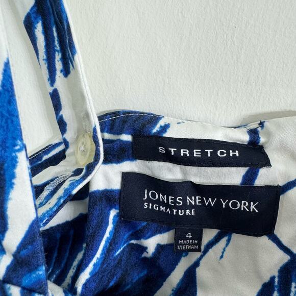 Jones New York Signature Stretch Blue White Tropical Palm Leaf Dress Size 4 - Picture 3 of 7